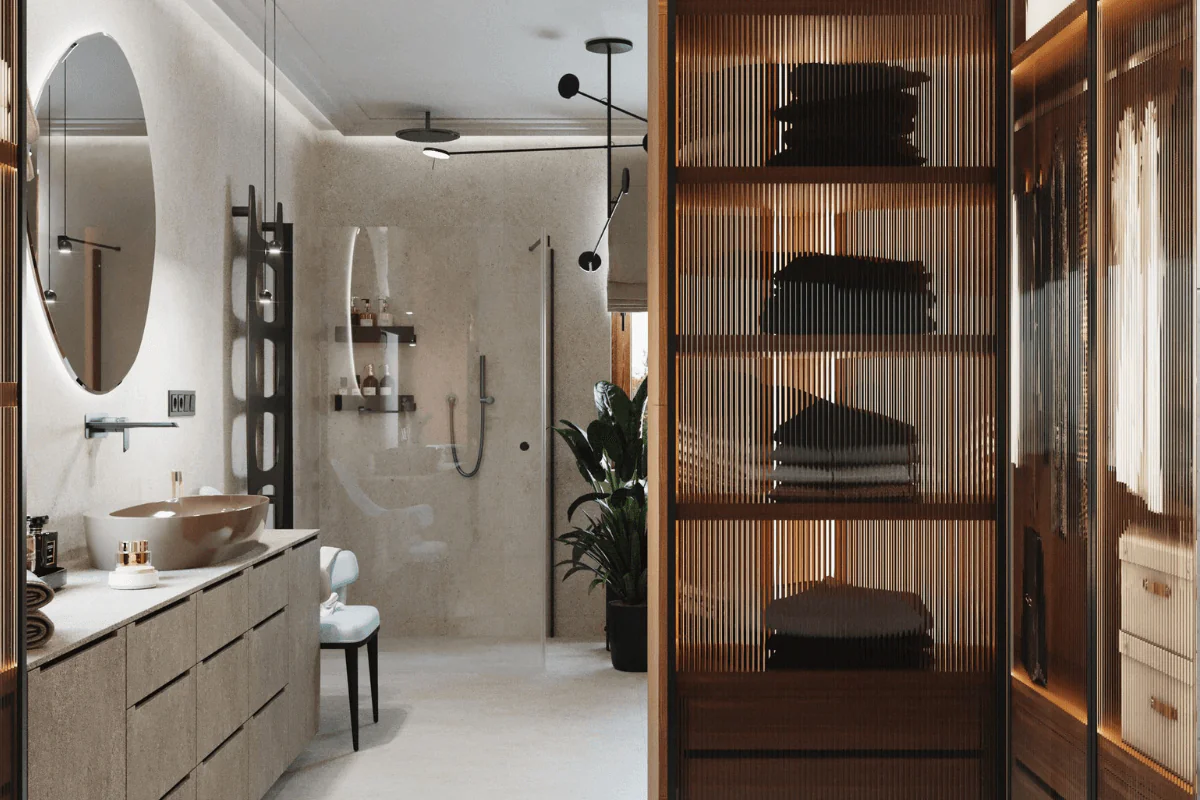 Wnętrze łazienki z drewnem, czarnymi akcentami, minimalistyczny styl.