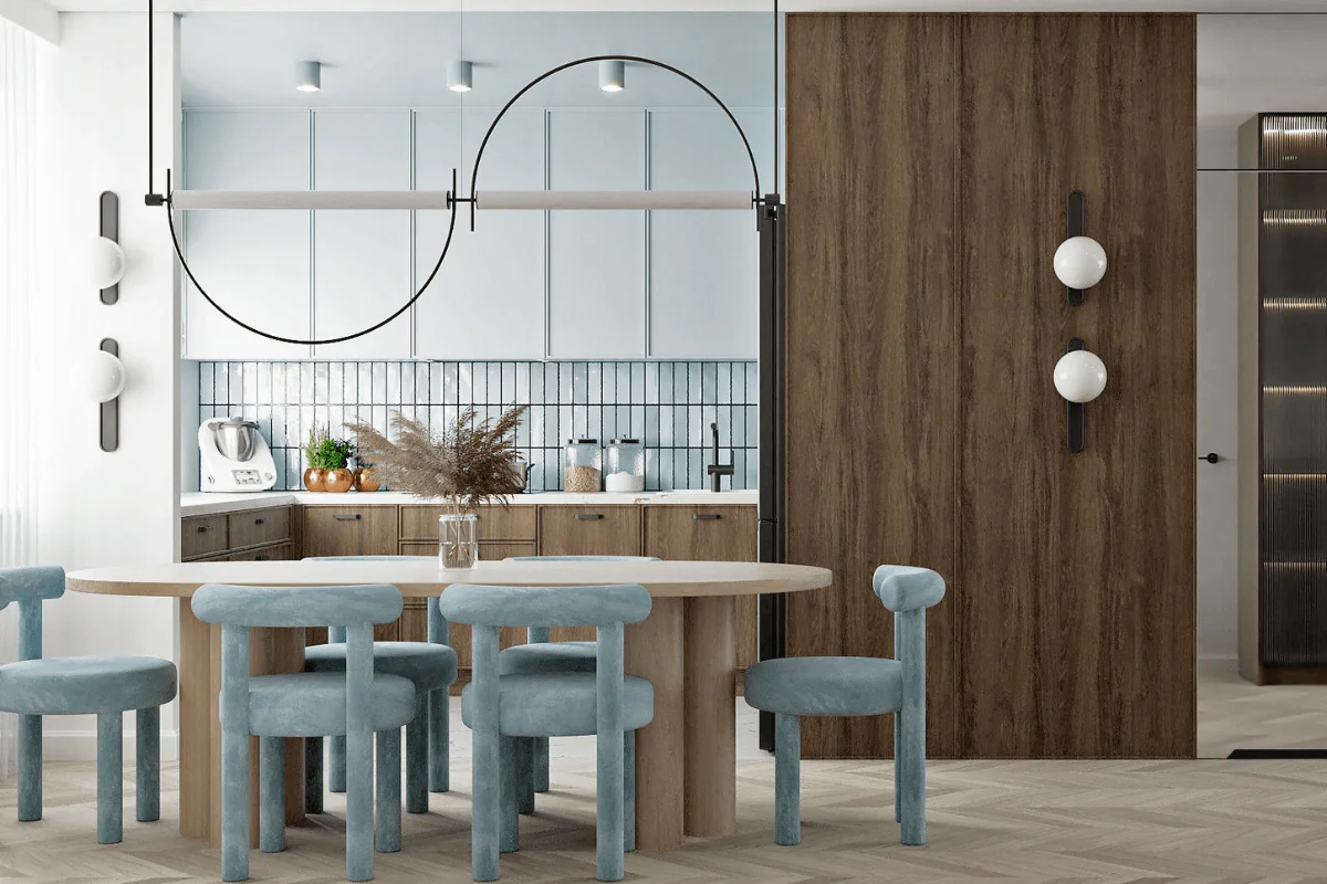 Wnętrze kuchni w stylu eklektycznym i japandi z drewnianymi meblami.