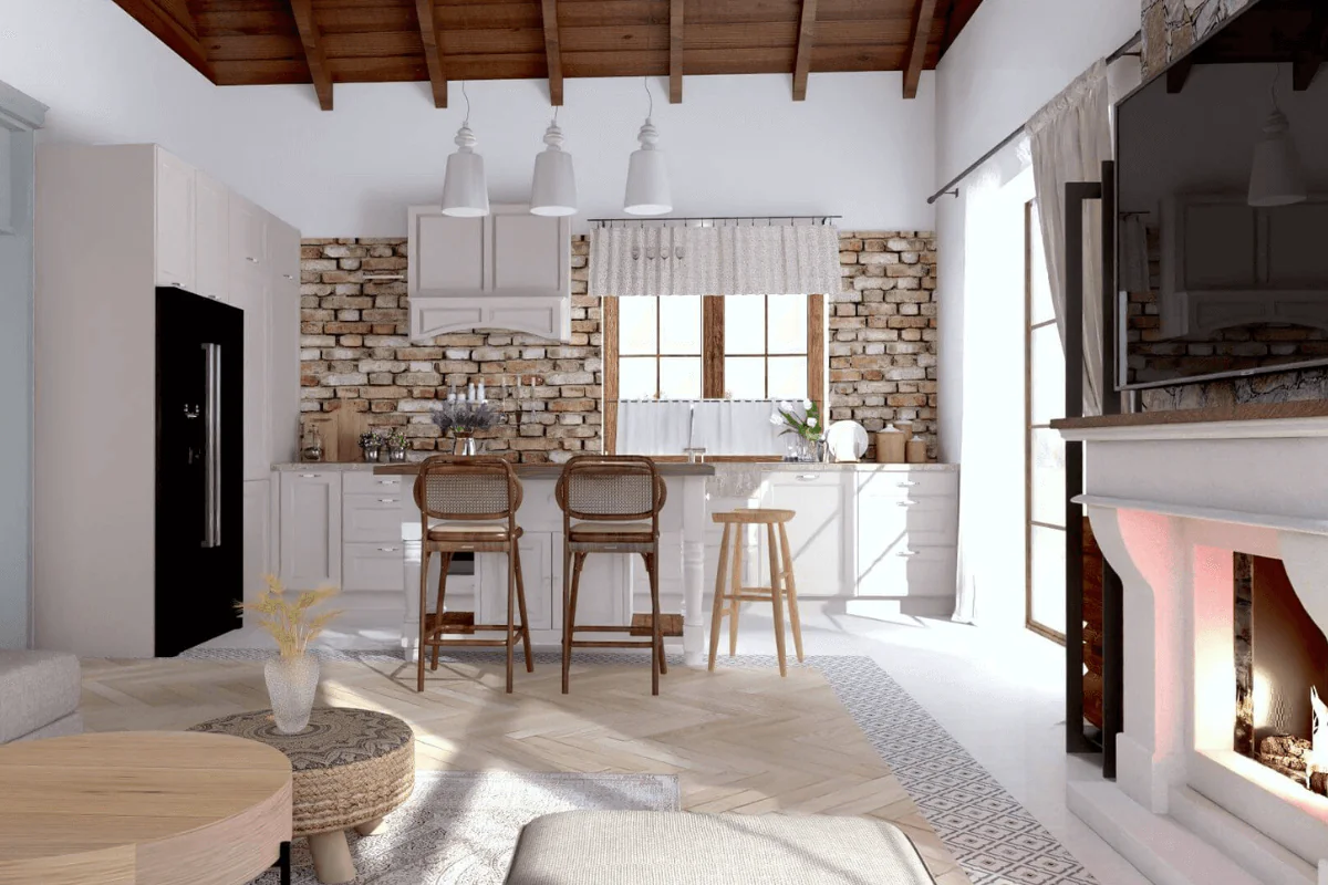 Wnętrze kuchni w stylu prowansalskim z ceglaną ścianą, drewnianym blatem i vintage akcentami.
