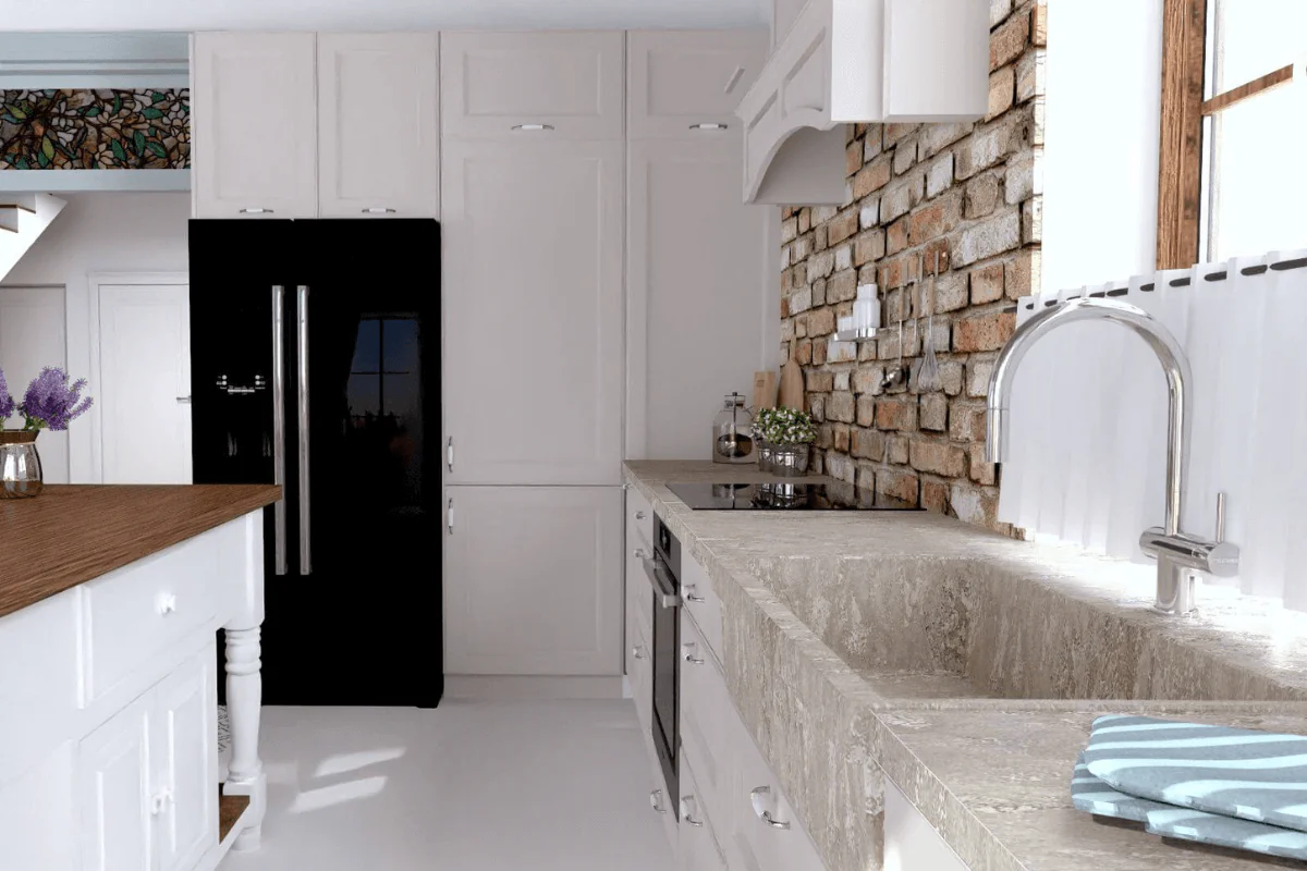 Wnętrze kuchni w stylu prowansalskim z białymi meblami, rustykalnymi akcentami i vintage detalami.