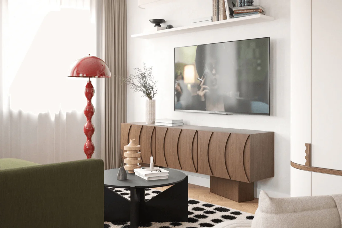 Wnętrze salonu w stylu art deco, eklektycznym i nowoczesnym z czerwonymi akcentami.