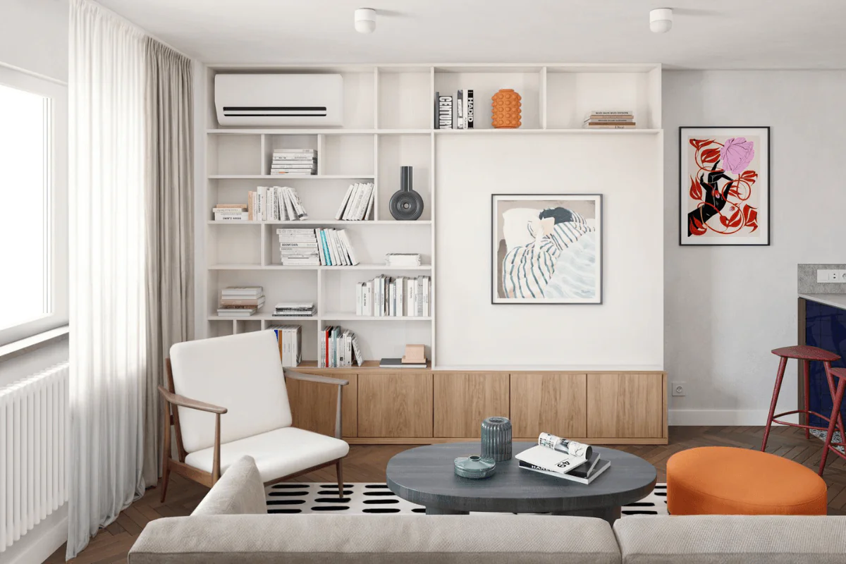 Wnętrze salonu z art deco, minimalistycznym i vintage designem oraz białymi meblami.