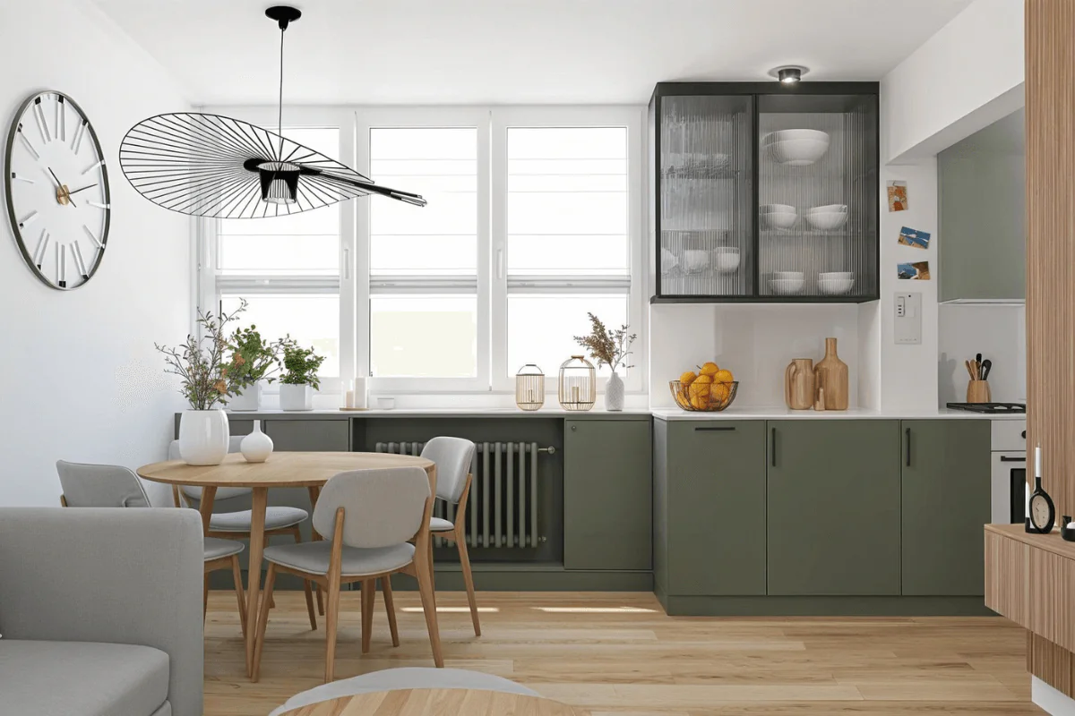 Wnętrze kuchni z zielonymi meblami, drewnianym stołem i nowoczesnym oświetleniem.