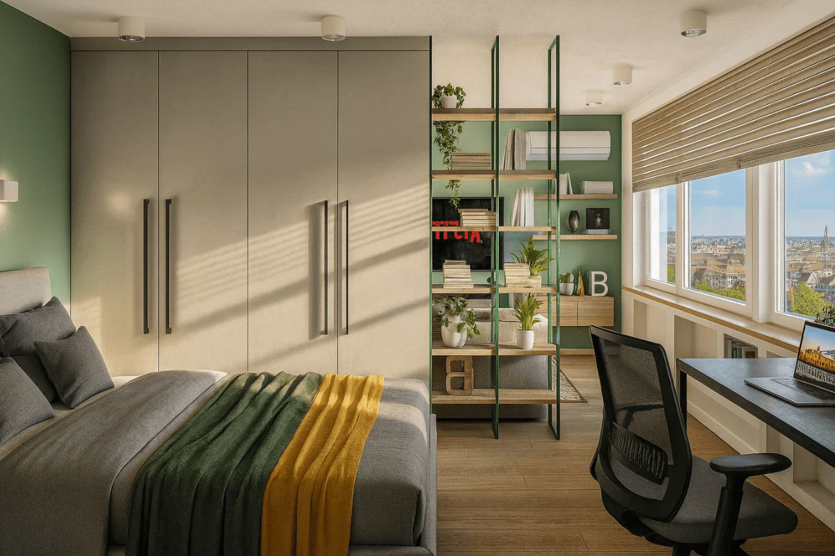 Wnętrze sypialni w stylu industrialnym z minimalistycznym wystrojem, nowoczesne meble.