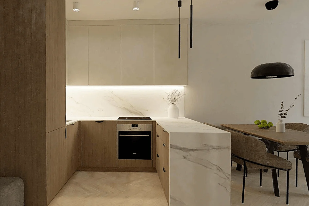 Nowoczesna kuchnia z drewnianymi meblami i białym blatem, współczesne wnętrze.