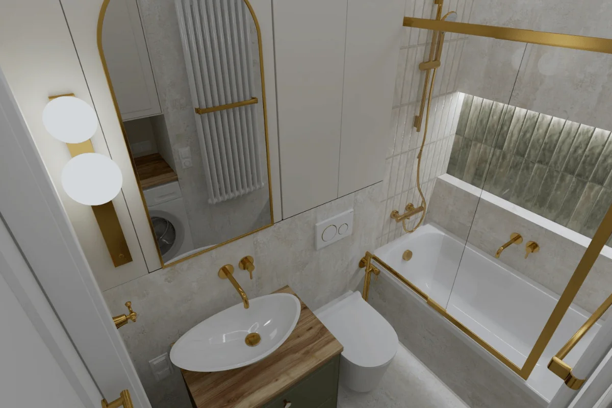 Wnętrze nowoczesnej łazienki z wanną, złotymi detalami, rustykalnymi akcentami i boho dodatkami.