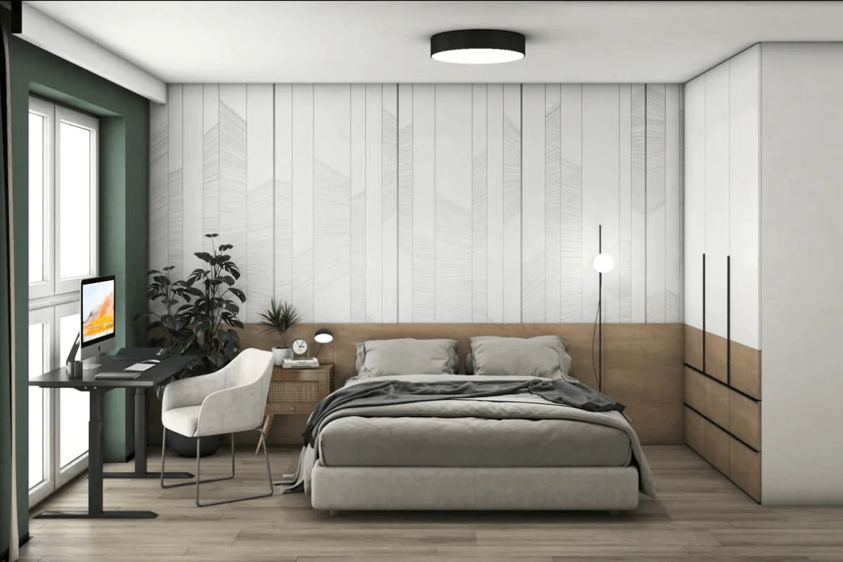 Sypialnia z jasnym łóżkiem, biurkiem i roślinami w nowoczesnym stylu.