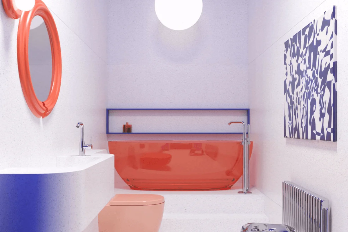 Wnętrze łazienki z pomarańczową wanną i niebieskim sufitem, styl dopamine decor.