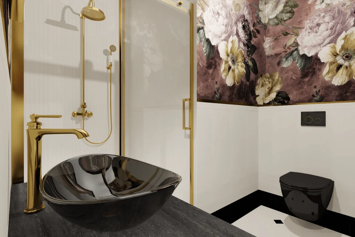 Luksusowa łazienka w stylu vintage z czarną umywalką i złotymi akcentami.