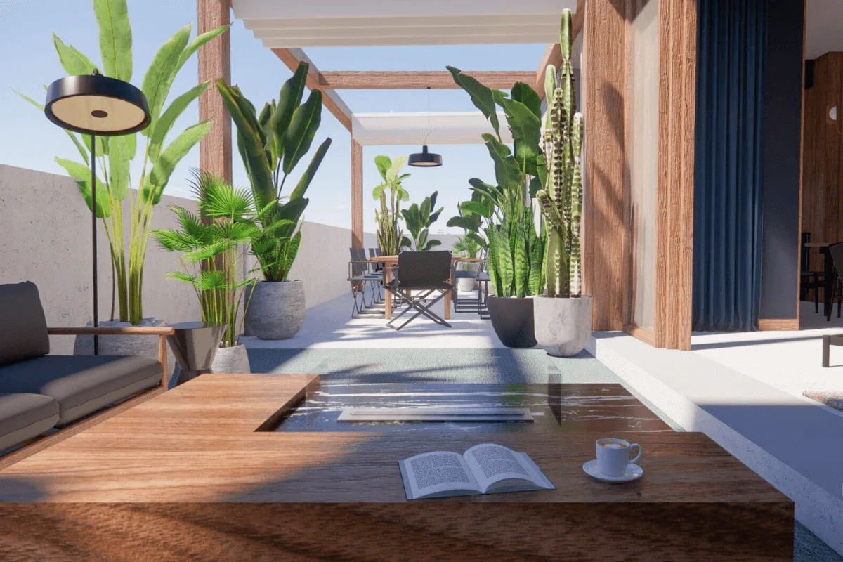 Eklektyczny taras z drewnianym stołem i roślinami.