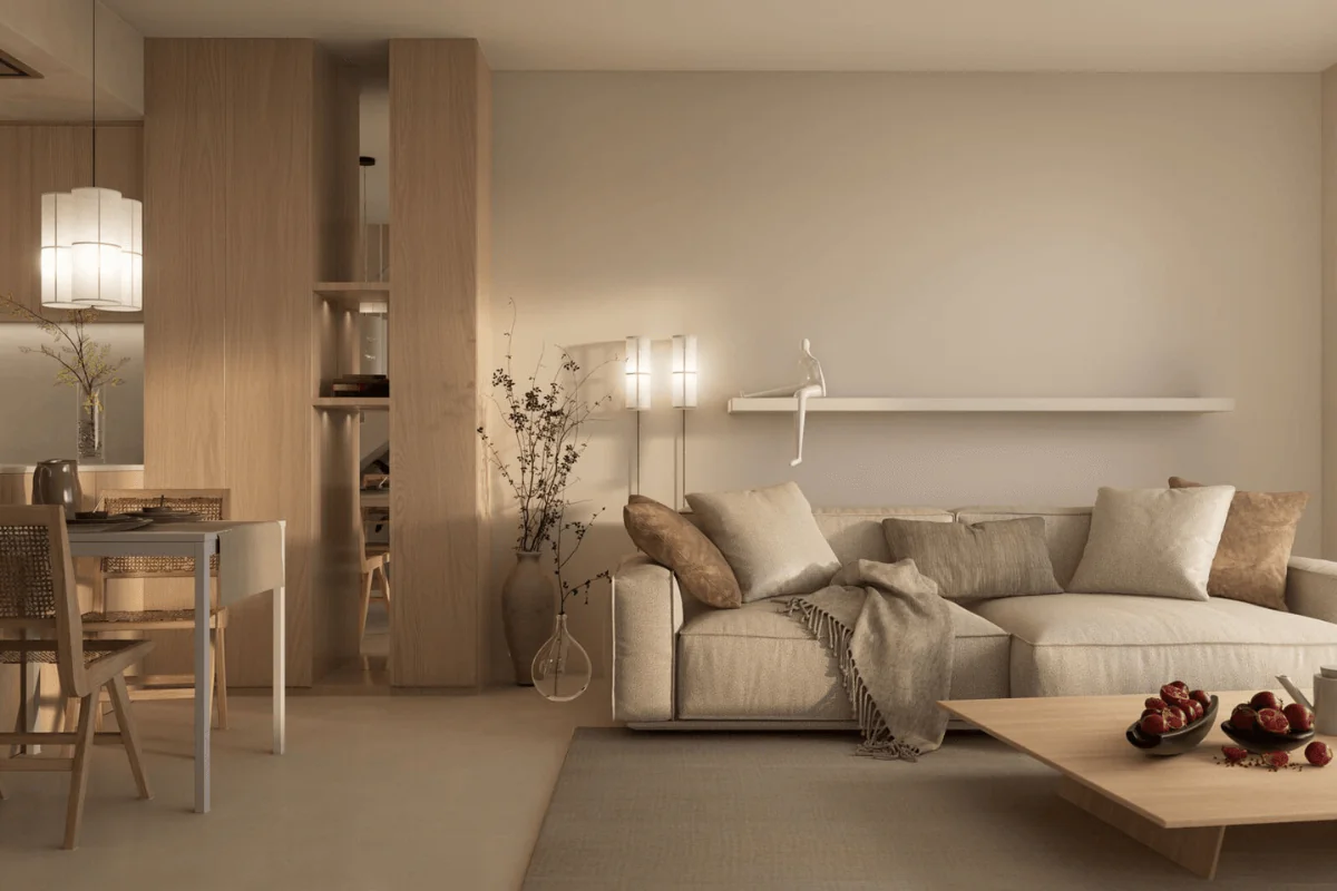 Wnętrze salonu w stylu japandi, minimalistycznym i soft minimalizm z jasnymi meblami.