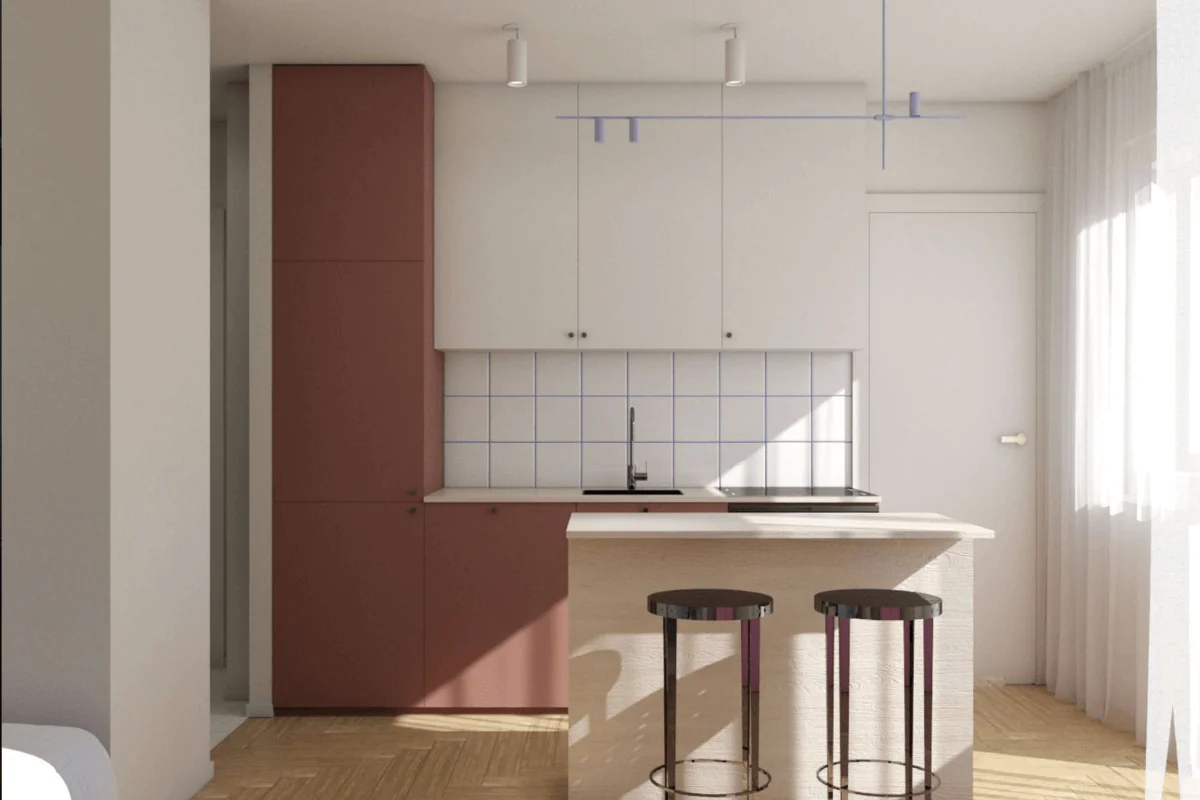 Kuchnia w stylu dopamine decor z drewnianym blatem i białymi meblami.