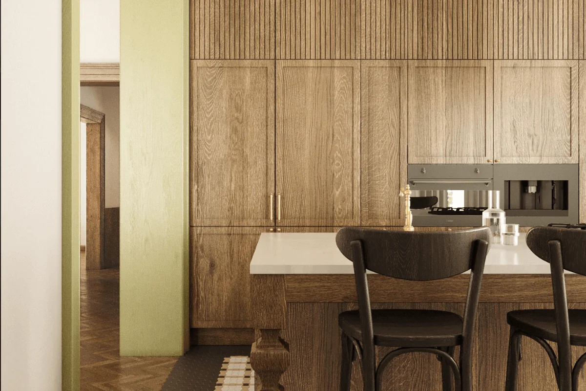 Wnętrze kuchni w stylu dopamine decor, eklektycznym i vintage z drewnianymi elementami.