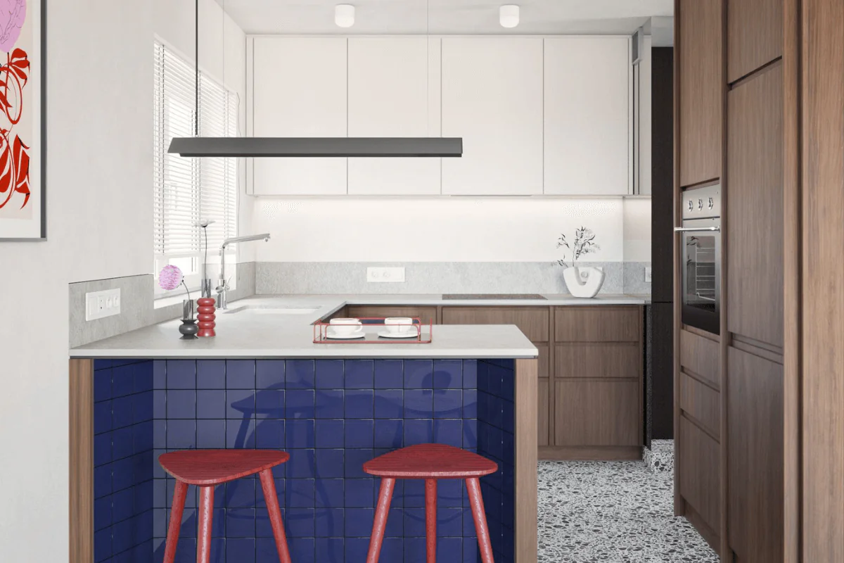 Kuchnia w stylu art deco z niebieską wyspą i brązowymi akcentami, minimalistyczny design.