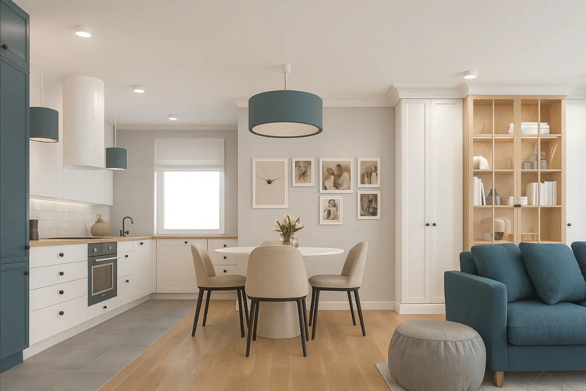 Wnętrze kuchni w stylu soft minimalizm, tradycyjny, współczesny z niebieskimi i białymi elementami