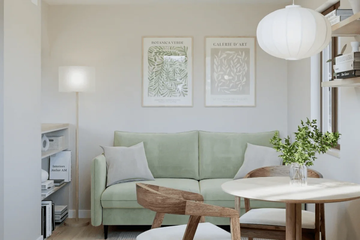 Wnętrze salonu w stylu prowansalskim z zieloną sofą i drewnianymi meblami.