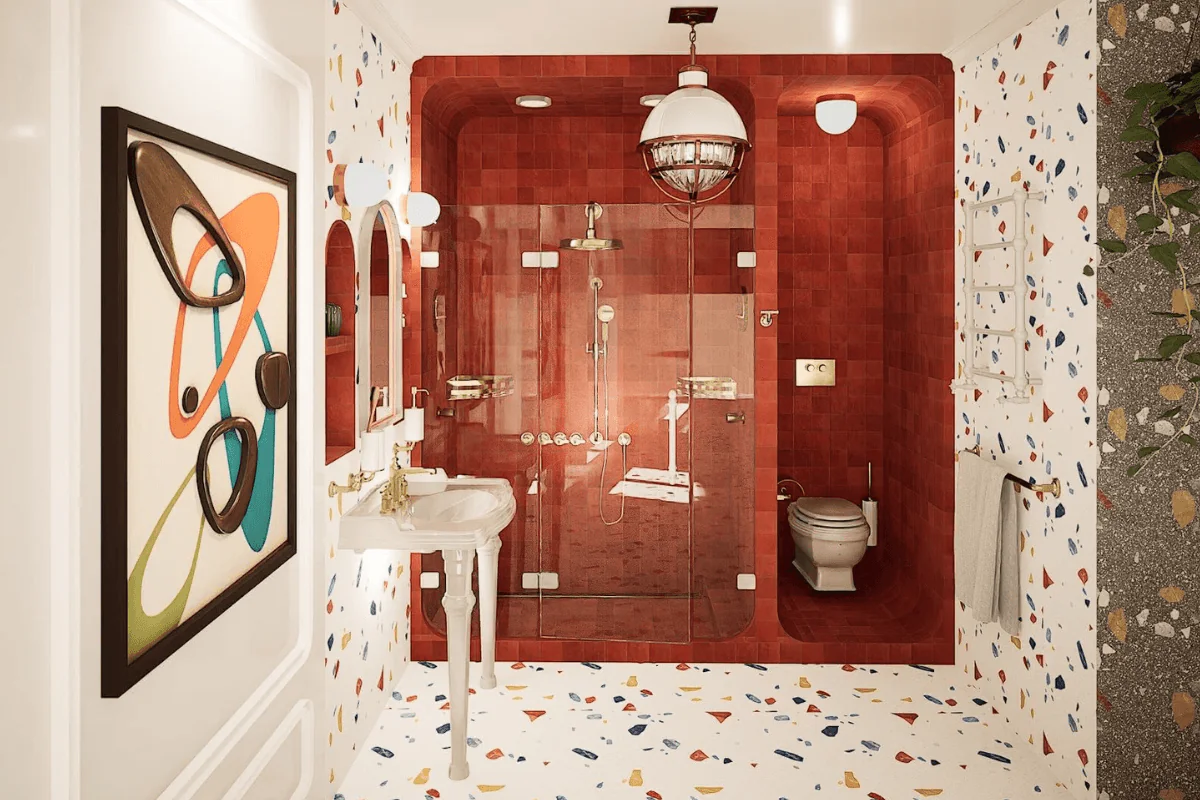 Nowoczesna łazienka w stylu art deco z kolorowymi detalami i roślinnością