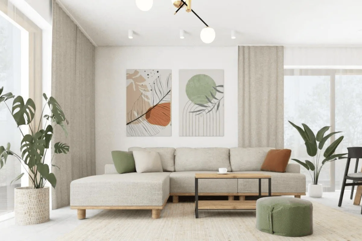 Wnętrze salonu w stylu boho i rustykalnym z jasną sofą i roślinami.