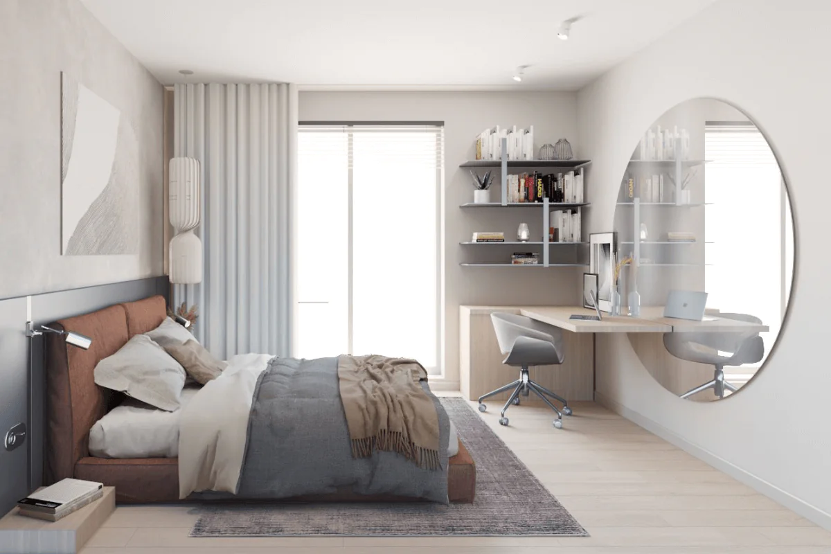 Sypialnia z nowoczesnym biurkiem i brązowym łóżkiem, współczesny design.