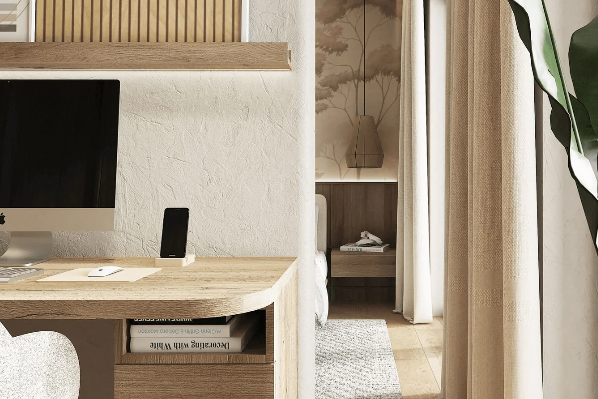 Nowoczesne biuro z drewnianym biurkiem, komputerem i roślinami w stylu japandi.