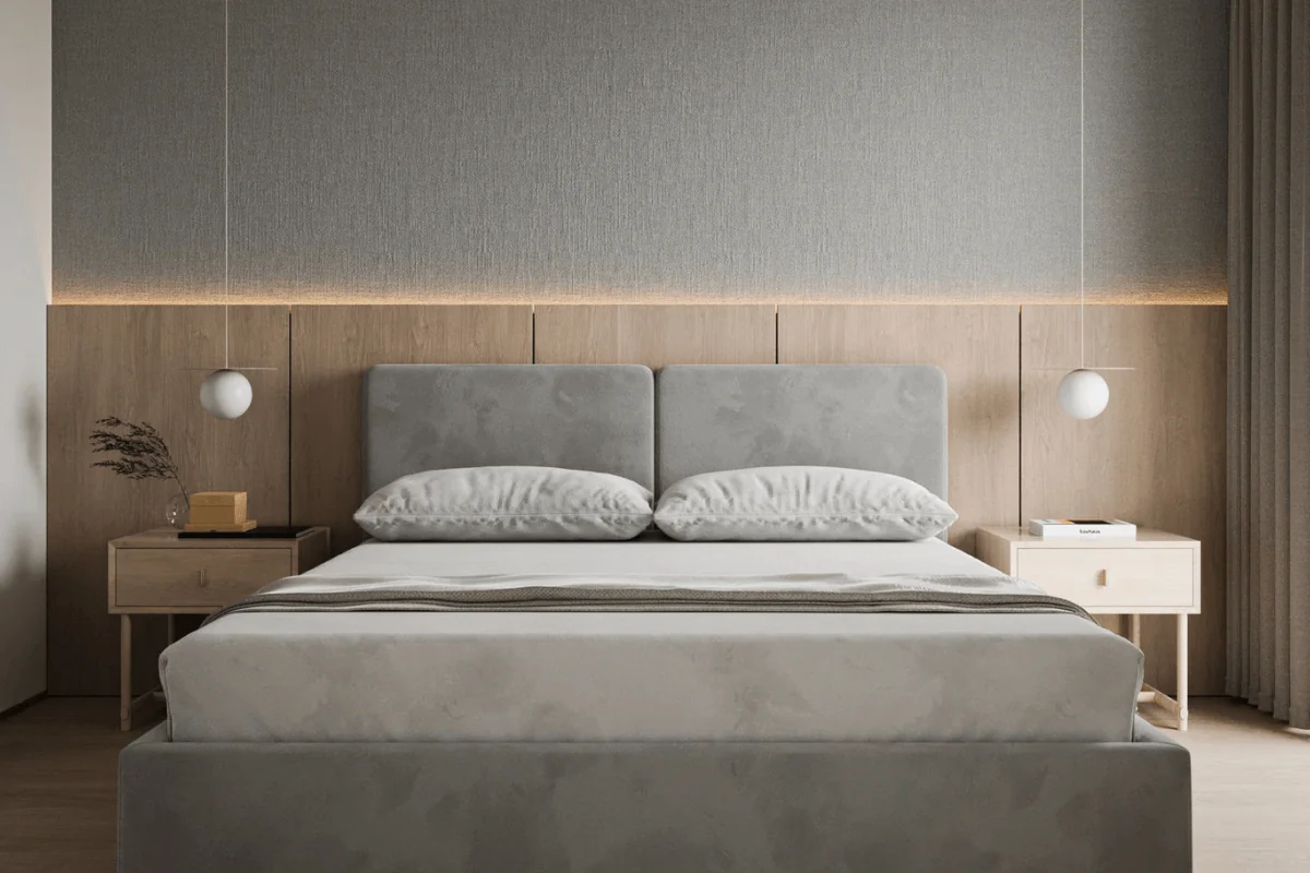 Nowoczesna sypialnia w stylu japandi, minimaluxe i skandynawskim z szarym wezgłowiem.