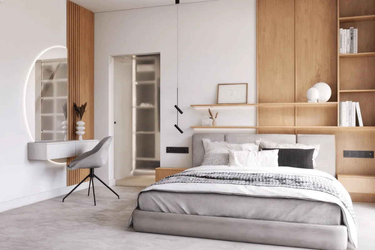 Wnętrze sypialni z drewnianymi akcentami i nowoczesnym biurkiem. Styl tradycyjny.