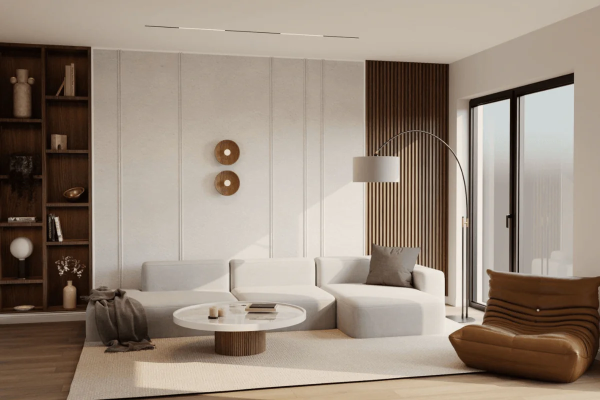 Wnętrze salonu w stylu minimalistycznym z jasnymi meblami i drewnianymi detalami