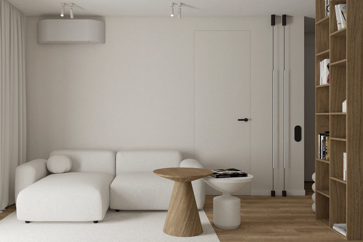 Eklektyczny salon w stylu japandi z minimalistycznymi elementami i soft minimalizmem.