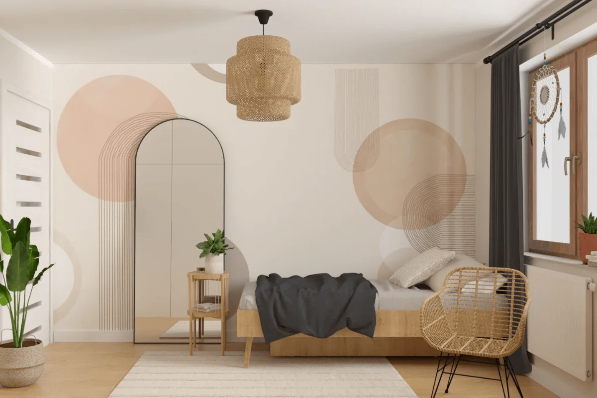 Wnętrze pokoju z boho, tradycyjnym i współczesnym stylem, z rośliną i lustrem.