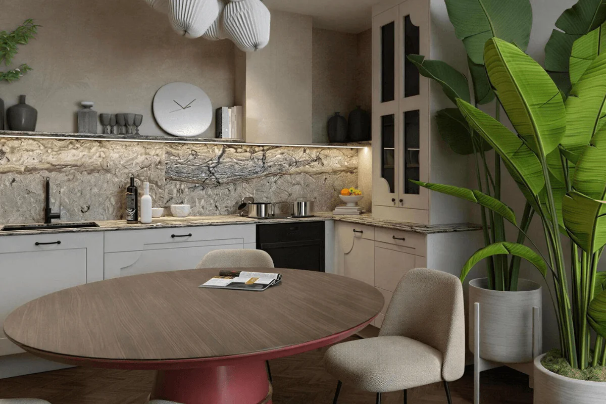 Wnętrze kuchni z drewnianym stołem, roślinami i marmurowym blatem w stylu eklektycznym.