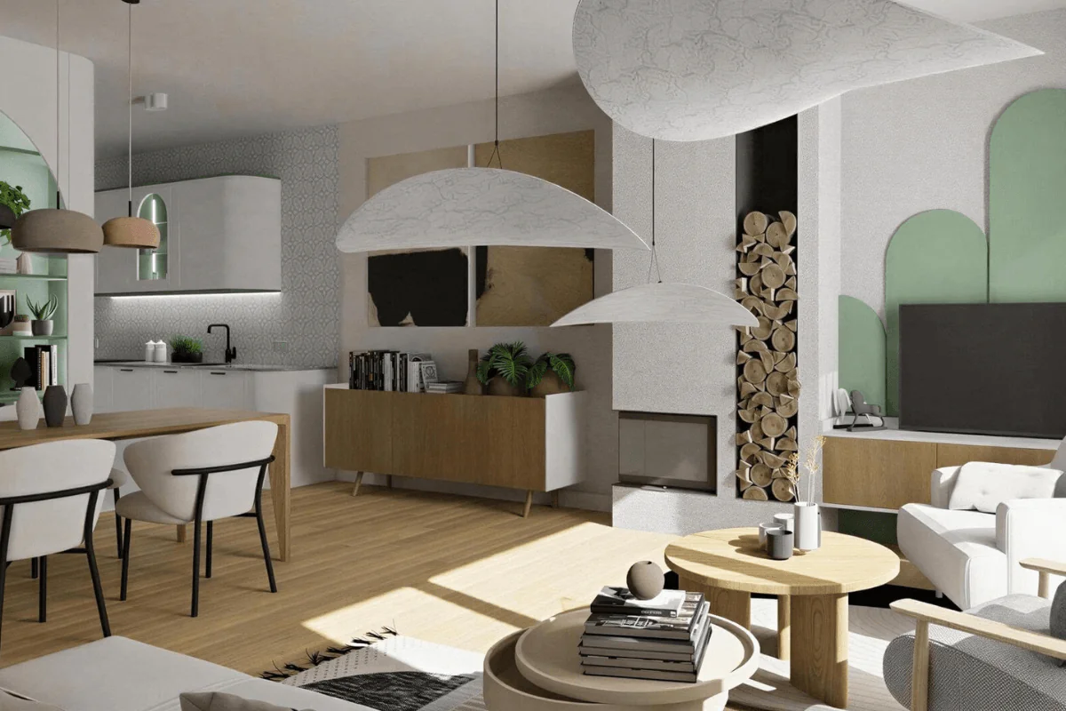 Wnętrze salonu w stylu eklektycznym z minimalistycznymi meblami, nowoczesnymi lampami i współczesnymi akcentami.