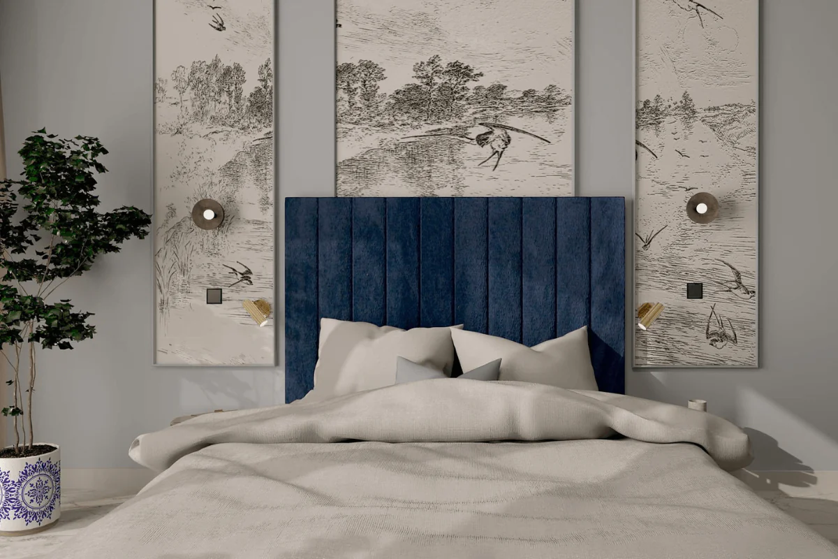 Sypialnia z niebieskim zagłówkiem, rośliną i minimalistycznym wystrojem.