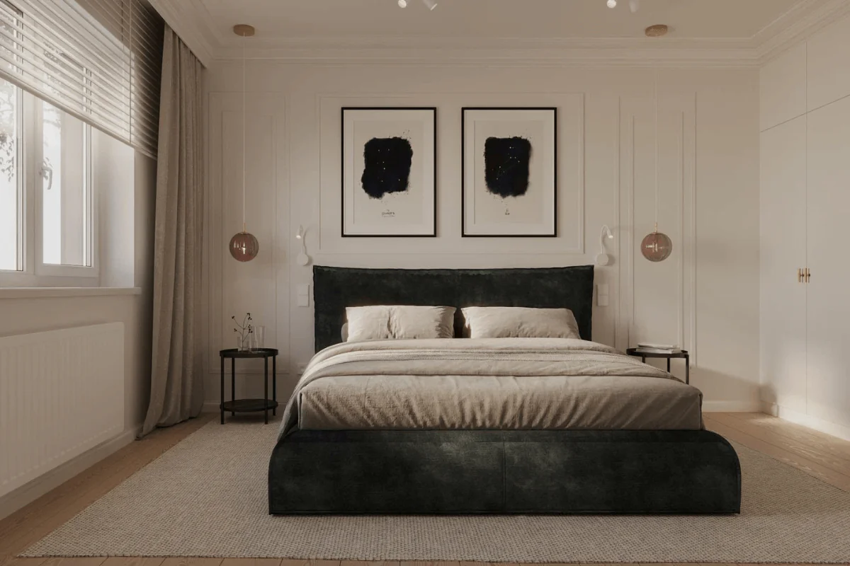 Nowoczesna sypialnia z zielonym łóżkiem, nowoczesnymi obrazami oraz elementami quiet luxury.