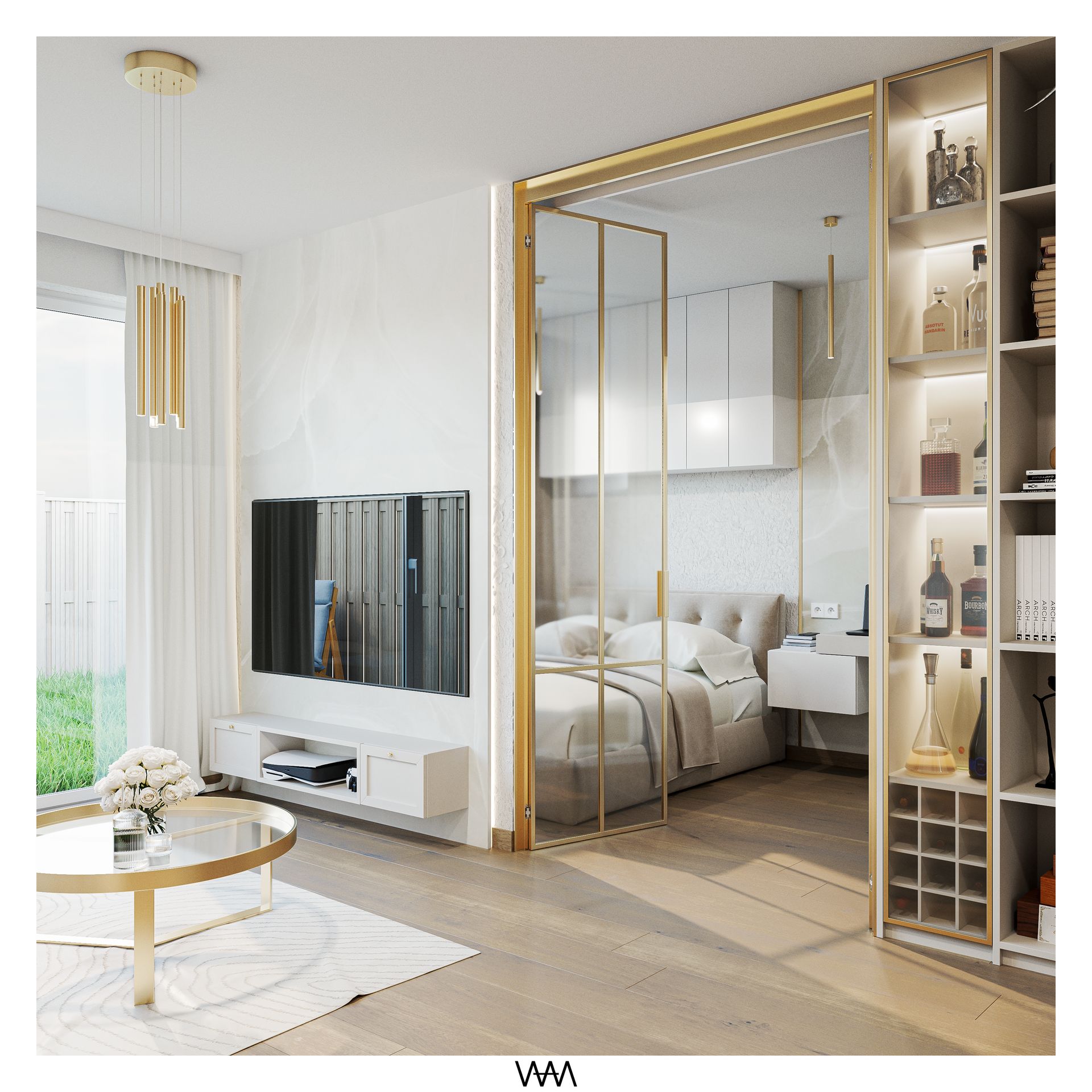 Nowoczesne wnętrze z minimalistycznym wystrojem, glamour detalami i quiet luxury