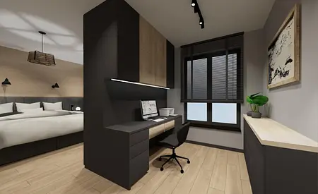 Wnętrze gabinetu w stylu industrialnym, rustykalnym i vintage z biurkiem i oknem.