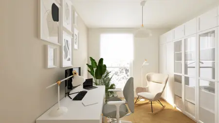 Wnętrze gabinetu w stylu art deco i boho z białymi meblami.