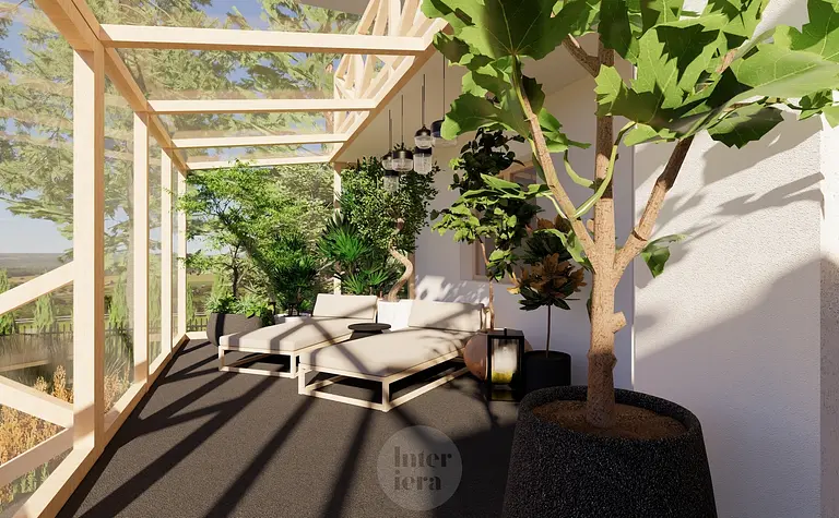 Wnętrze tarasu w stylu japandi i minimalistycznym z roślinami