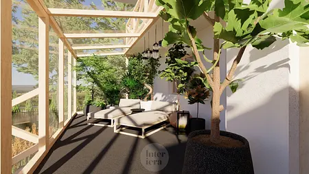 Wnętrze tarasu w stylu japandi i minimalistycznym z roślinami