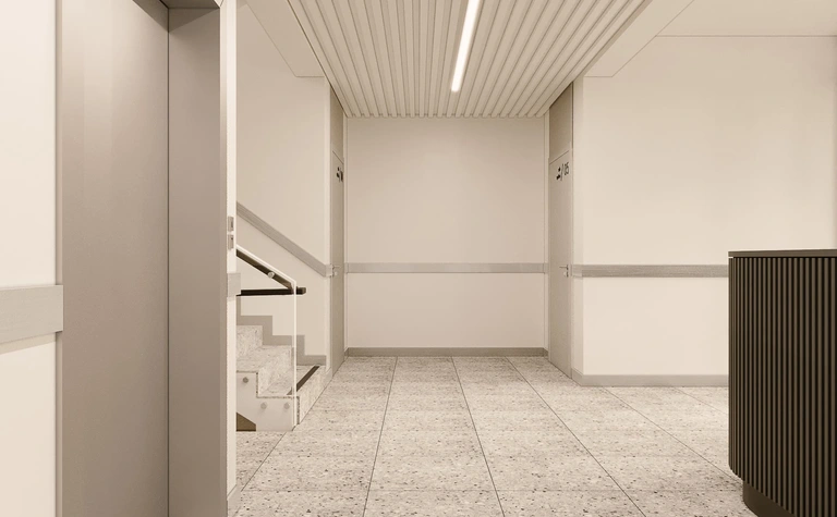 Korytarz z minimalistycznym wystrojem, nowoczesne ściany i podłoga w stylu soft minimalizm.
