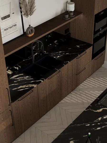 Kuchnia minimalistyczna z drewnianymi meblami i czarnym blatem, nowoczesny design