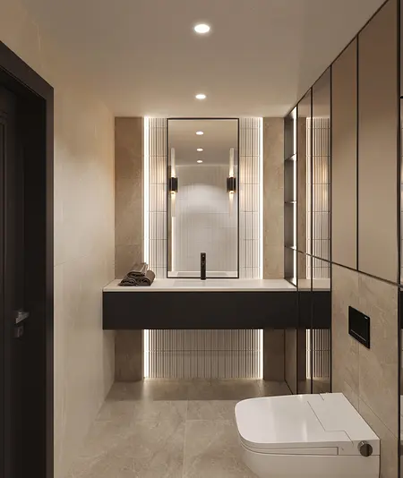 Nowoczesna łazienka w stylach art deco i glamour z minimalistycznym wyposażeniem.