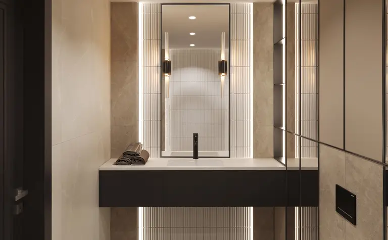 Nowoczesna łazienka w stylach art deco i glamour z minimalistycznym wyposażeniem.