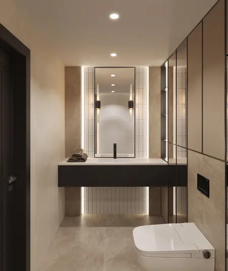 Nowoczesna łazienka w stylach art deco i glamour z minimalistycznym wyposażeniem.