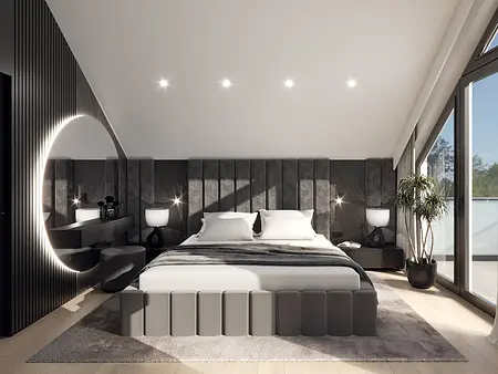 Nowoczesna sypialnia z szarymi ścianami, dużym lustrem i minimalistycznymi meblami.