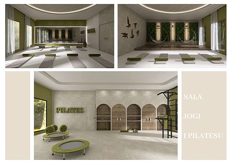 Sala do jogi z zielonymi matami i minimalistycznym wystrojem.