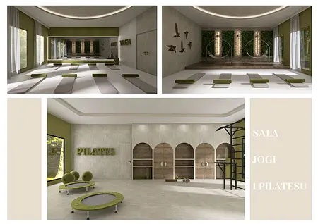 Sala do jogi z zielonymi matami i minimalistycznym wystrojem.