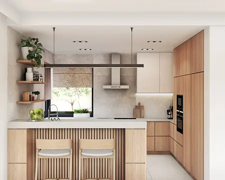 Kuchnia w stylu japandi i współczesnym z drewnianymi akcentami