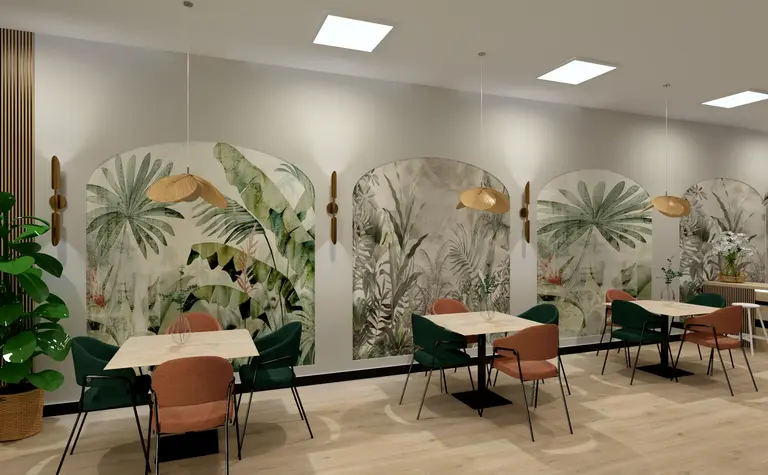 Wnętrze jadalni z muralami roślinnymi, meble w stylu boho, nowoczesnym i skandynawskim.
