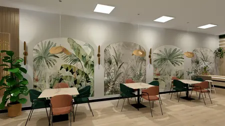 Wnętrze jadalni z muralami roślinnymi, meble w stylu boho, nowoczesnym i skandynawskim.