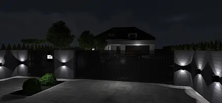 Wejście do domu z bramą, oświetleniem i zielenią, styl industrialny, japandi, minimaluxe, nowoczesny, współczesny.